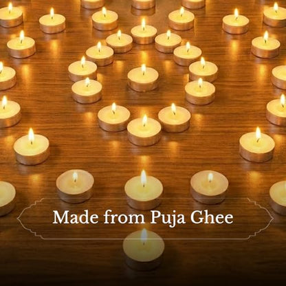Shubhkart Tejas Premium Ghee T-Light Candle Set of 50 Wax-Free Smokeless Tealights for Prayer Rooms, Meditation, Home, Festive Events, Weddings & Gifting with Bright Long-Lasting 3-Hour Pure Flame