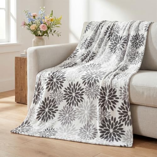 Horaldaily Black Grey Dahlia Pinnata Flannel Blanket Throw, Spring Halloween Winter Floral Soft Fuzzy Plush Cozy Fleece Blanket for Couch Sofa Bed Lounging, Ideal Gifts for Kids Adults Self, 60x80 - color: Black Grey, size: Twin(60x80”)