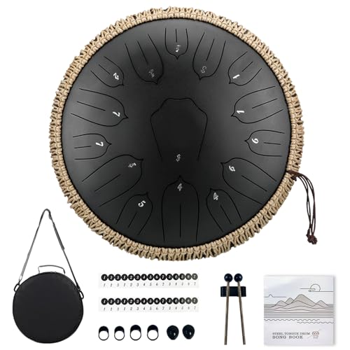 TUOKING Steel Tongue Drum 13 inch 15 Notes Rain Drum for Outside D Key with Lotus Design - Handpan Percussion Instrument for Meditation,Yoga,and Music Therapy,Gift for Beginners & Adults(Black) - color: A-Black, size: 13 Inch 15 Notes