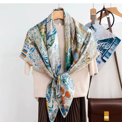 ANDANTINO 100% Silk Scarf 43" Large Square Lightweight Headscarf& Shawl–Women Hair Wraps-With Gift Packed - color: Beige&blue