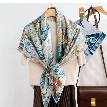ANDANTINO 100% Silk Scarf 43" Large Square Lightweight Headscarf& Shawl–Women Hair Wraps-With Gift Packed - color: Beige&blue