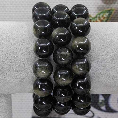 Keleny Natural Gem Semi Precious Gemstones 14mm Round Beads Crystal Stretch Bracelets 7 Inch Unisex - color: A Grade Golden Obsidian