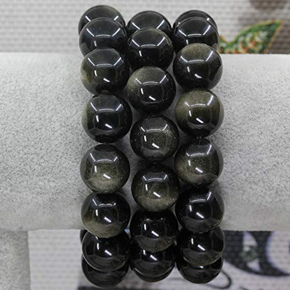 Keleny Natural Gem Semi Precious Gemstones 14mm Round Beads Crystal Stretch Bracelets 7 Inch Unisex - color: A Grade Golden Obsidian
