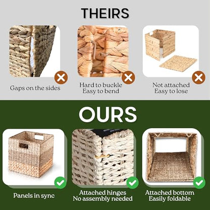 13x13x13 Storage Cube Bins Wicker Storage Basket for Cube Shelf, Natural Foldable Square Baskets for Storage, Large Woven Cube Storage Bin with Handle, Baskets for Pantry, Bedroom Set of 4