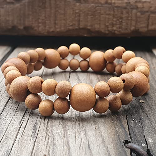 Sandalwood Bracelet for Women Men Buddhist Prayer Strand Chandan Bracelet Handmade Stretchable Elastic Sandalwood Beaded Wristbands for Yoga Meditation - style: Sandalwood 2 row