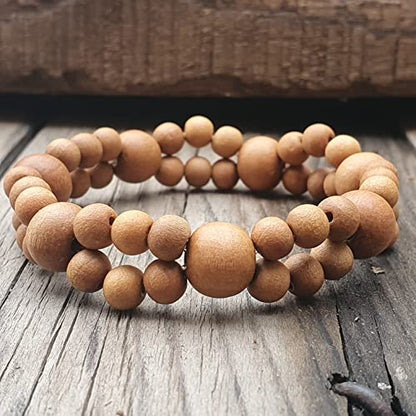 Sandalwood Bracelet for Women Men Buddhist Prayer Strand Chandan Bracelet Handmade Stretchable Elastic Sandalwood Beaded Wristbands for Yoga Meditation - style: Sandalwood 2 row