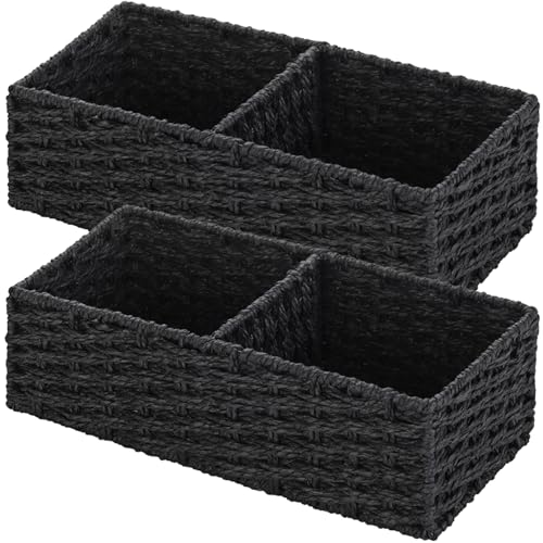 Vagusicc 2 Section Wicker Storage Basket, Black Wicker Baskets, Toilet Tank Basket, Small Baskets for Organizing Storage Shelves, 2-Pack - color: Paper Rope (Black), size: 2 Regular Section