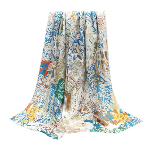 100% Silk Scarf 43" Large Square Lightweight Headscarf& Shawl–Women Hair Wraps-With Gift Packed - color: Beige&blue