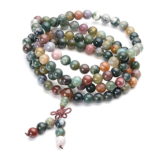 Jovivi 108 Mala Beads Bracelet 6mm 8mm Natural Indian Agate/Green Moss Agate Gemstone Healing Crystal Stone Beaded Bracelet Hand Knotted Prayer Mala Beads Necklace for Yoga Meditation Balance - color: 8mm - Indian Agate