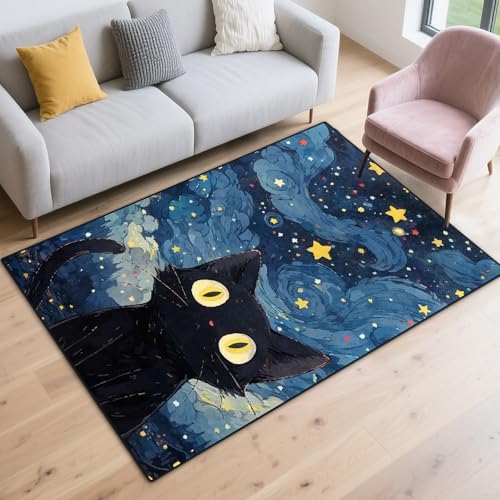 Black Cat Area Rug 3x5, Non Slip Washable Cat Design Rugs Room Decor Indoor Mat, Soft Velvet Pet Mat for Bedroom Bathroom Living Room (3' x 5') - color: Starry Sky-black Cat, size: 3' x 5' (Rectangular)