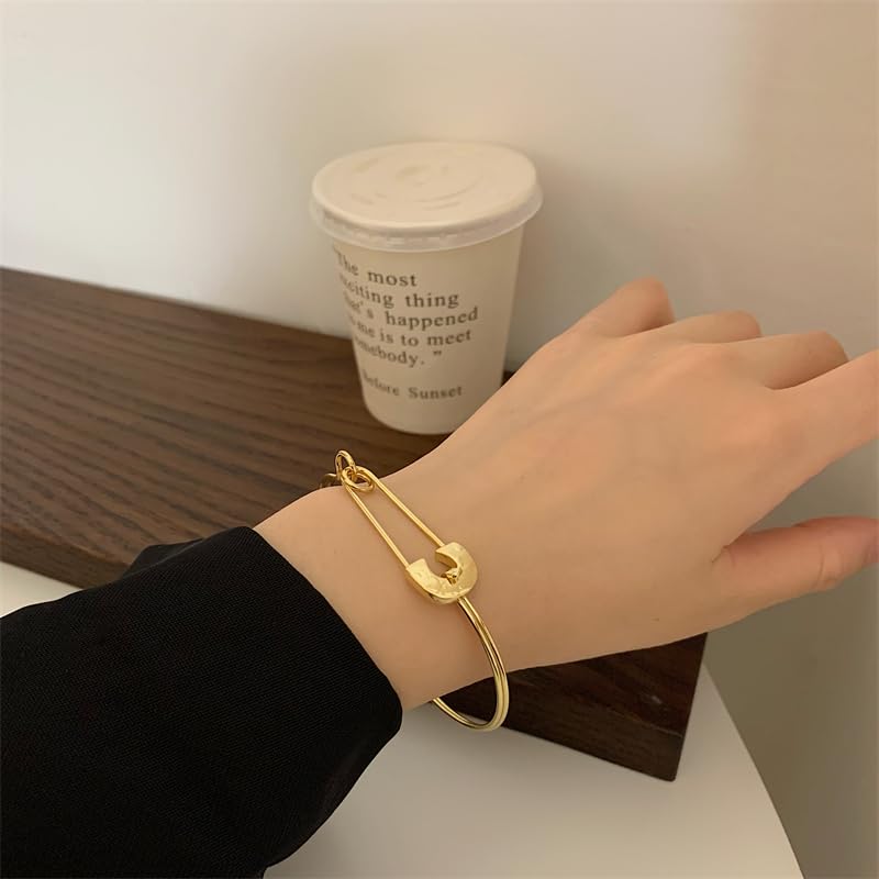 Paperclip Minimalist Bangle Bracelet for Women, Open Adjustable Cuff Bracelet Gold Stackable Dainty Jewelry Gift Set for Her