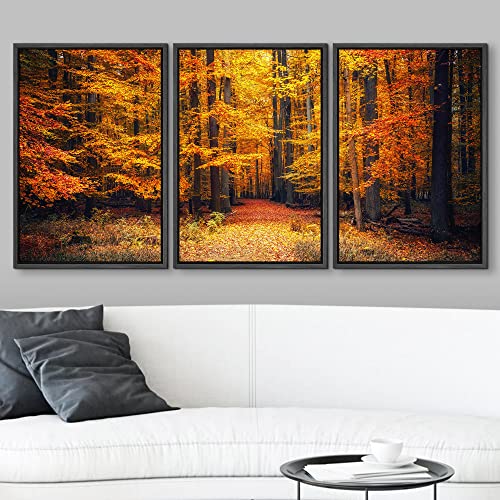 wall26 - 3 Piece Framed Canvas Wall Art - Pathway in The Autumn Park - Modern Home Art Stretched and Framed Canvas Ready to Hang - 16"x24"x3 Black - color: Artwork - 06, size: 16" x 24" x 3 Panels BLACK