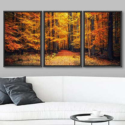 wall26 - 3 Piece Framed Canvas Wall Art - Pathway in The Autumn Park - Modern Home Art Stretched and Framed Canvas Ready to Hang - 16"x24"x3 Black - color: Artwork - 06, size: 16" x 24" x 3 Panels BLACK