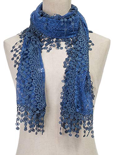 Cindy and Wendy Lightweight Soft Leaf Lace Fringes Scarf Bridal Veils shawl for Women - color: Denim Blue-2