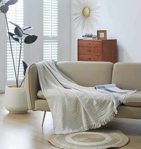 100% Cotton Muslin Throw Blanket for Bed, Couch, Small, Decorative, Soft, Pre-Washed, Breathable and Lightweight Gauze Blanket with Fringes(Linen Grey, 50"x60") - color: Linen Grey