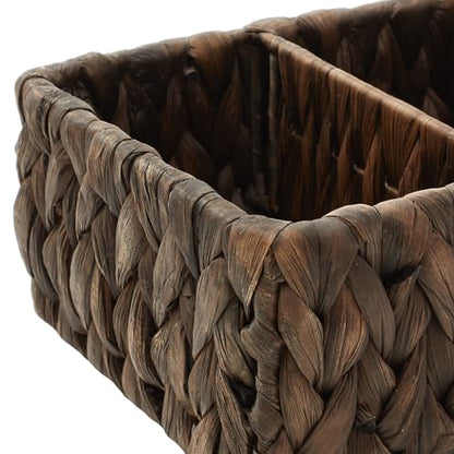 Casafield Set of 2 Water Hyacinth Basket Organizers with 4 Sections, Espresso - Woven Storage Bins for Bathroom, Laundry, Pantry, Office, Shelves