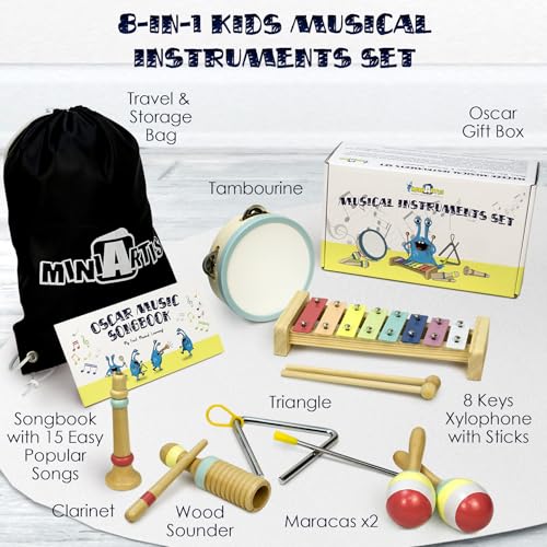 Musical Instruments Set - Montessori Wooden Toys for Toddlers 1-3 | Modern Boho Baby Xylophone with Songbook | Neutral Colors Percussion Instruments | Kids Preschool Educational - style: Xylophone