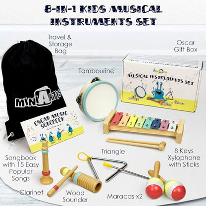 Musical Instruments Set - Montessori Wooden Toys for Toddlers 1-3 | Modern Boho Baby Xylophone with Songbook | Neutral Colors Percussion Instruments | Kids Preschool Educational - style: Xylophone