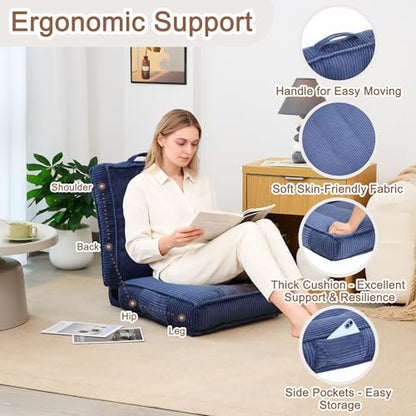 Adjustable Floor Chair with Back Support, 6-Position, Folding Japanese Meditation Tatami Chair, Comfy Gaming Chairs for Adults, Accent Sofa Reading Chairs, Living Room, Bedroom, Navy Blue - color: Navy Blue
