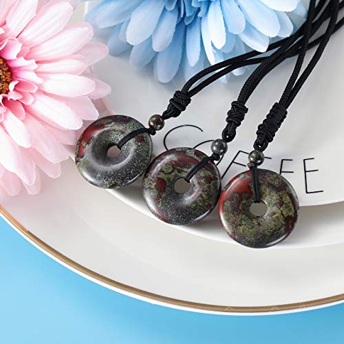 Jovivi 30mm Circle Donut Healing Crystals Necklace Natural Semi-Precious Chakra Gemstone Stone Amulet Lucky Coin Donuts Charm Protection Quartz Reiki Pendant Necklace for Men Women Adjustable Rope - color: Dragon Blood