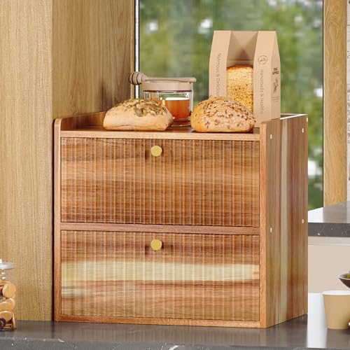 Trironsun Acacia Bread Box for Kitchen Countertop Wood Bread Storage Container Bin Double Layer BreadBox Farmhouse Large Capacity Food Organizer (Acacia Wood) - color: Acacia Wood