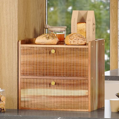 Trironsun Acacia Bread Box for Kitchen Countertop Wood Bread Storage Container Bin Double Layer BreadBox Farmhouse Large Capacity Food Organizer (Acacia Wood) - color: Acacia Wood