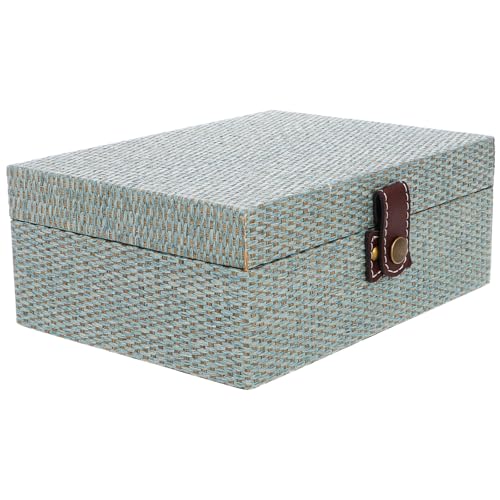 Wooden Storage Box Large Rectangular Decorative Jewelry Organizer with Linen Texture Blue, Multipurpose Desktop Container for Home Document and Trinket Storage