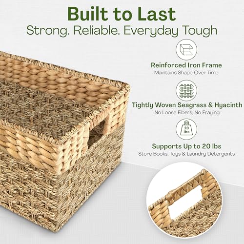 Medium Wicker Storage Baskets with Handles, Natural Seagrass and Hyacinth Woven Storage Basket for Organizing Shelves, Bedroom, Pantry, Rectangular, 15.5 x 9.5 x 6.5 Inches - size: Medium - 15.5" x 9.5" x 6.5" in.