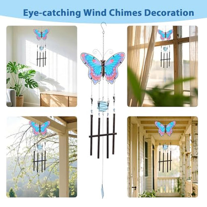 Butterfly Wind Chimes for Outside, Stained Glass Wind Chime Windchimes for Patio, Outdoor,Garden,Yard,Coastal,Window,Home Decor or Gifts for Women(Blue & Red)