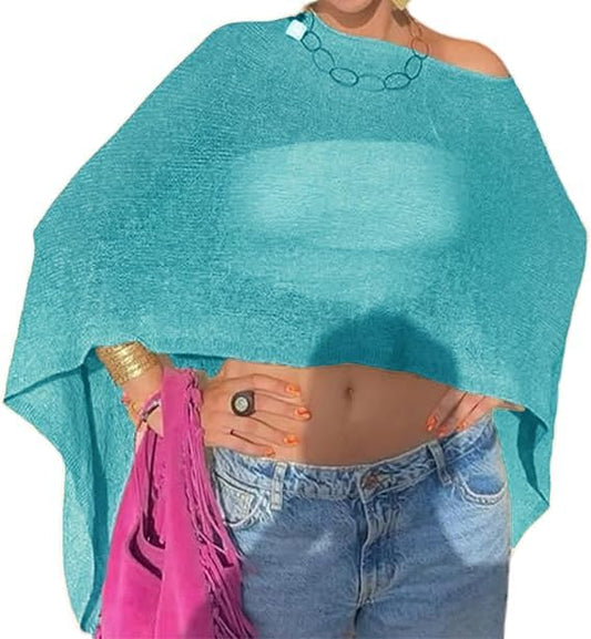 Women Sheer Poncho Top Knit Crochet Lightweight See Through Shawl Summer Shrug Beach Cover Up - color: A1 Blue