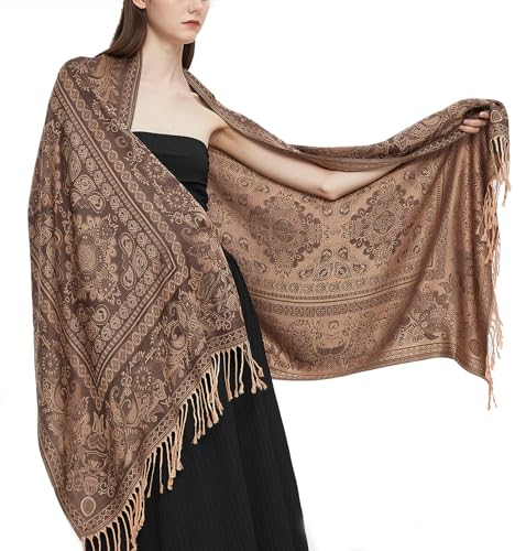 Pashmina Shawl Wrap with Ethnic Paisley Two Tone Jacquard Scarf for Women - color: Black Beige