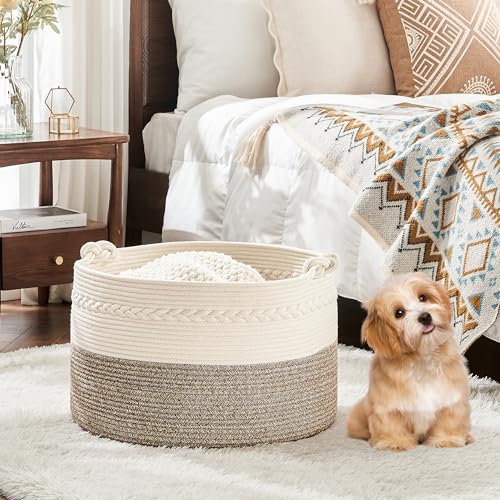 KAKAMAY Large Blanket Basket (20"x13"),Woven Baskets for storage Baby Laundry Hamper, Cotton Rope Blanket Basket for Living Room, Laundry, Nursery, Pillows, Baby Toy chest (White/Beige) - color: Beige