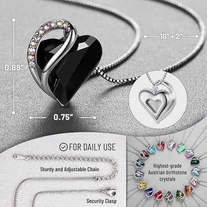 Leafael Gift Necklaces for Women, Infinity Love Birthstone Heart Crystal Pendant, Birthday Anniversary Jewelry for Wife, Mom, and Her, Silver Plated, 18" + 2" Adjustable Chain - color: 13b-Protection-Jet Black