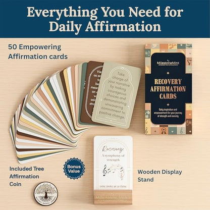 MilestoneMint Daily Affirmation Cards, 50 Positive Affirmation Cards Double Sided, Sobriety and Recovery Daily Mindset Prompts, Includes Sobriety Coin & Wooden Card Stand, Perfect Recovery Gift - size: 50 Cards Wooden Stand + Tree Coin