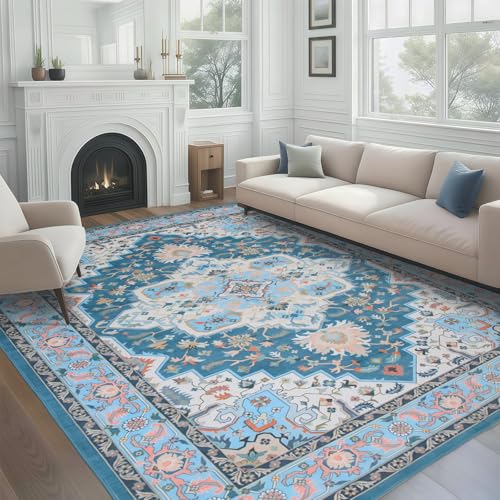 WILLSUN Washable Area Rugs, 8x10 Non-Slip Boho Large Area Rugs for Living Room, Bedroom, Machine Washable Vintage Rug, Indoor Floral Print Carpet for Home Decor, Kid & Pet Friendly Mat - color: Blue, size: 8' x 10' (Rectangular)