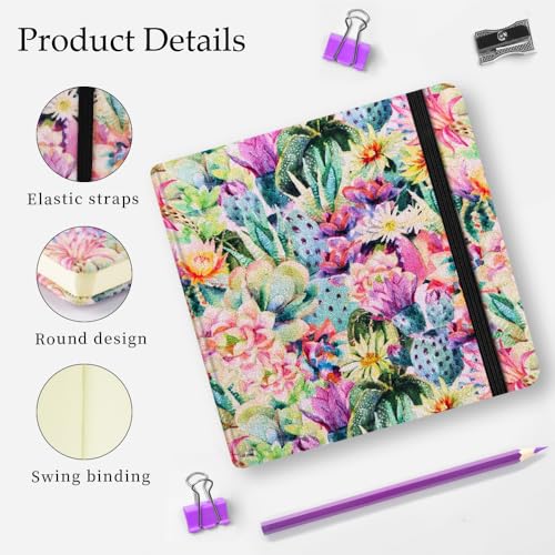 Mifuner Small Square 5x5 80gsm Mini Notebooks Blank Pages Sketchbooks Travel Journal Pocket Hardcover Paint Writing Notebook Blank Diary Memo Planner Sketchbook Fabric Cover, Cactus Flower - color: Cloth-Cactus Flower
