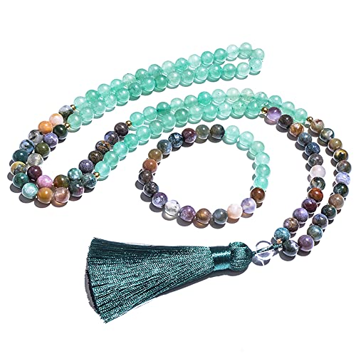 108 Mala Prayer Beads Necklace 8mm Natural Stones Meditation Yoga Jewelry Sets 108 Hand Made Japa Mala Beaded Long Tassel Necklace with Tassel Pendant for Men and Women - color: Indian agate + Green aventurine