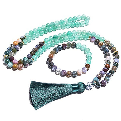 108 Mala Prayer Beads Necklace 8mm Natural Stones Meditation Yoga Jewelry Sets 108 Hand Made Japa Mala Beaded Long Tassel Necklace with Tassel Pendant for Men and Women - color: Indian agate + Green aventurine