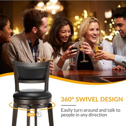 PrimeZone Swivel Bar Stools Set of 2, 24 Inch Counter Height Barstools, Black Faux Leather Bar Stool with High Backrest & Solid Wood Legs & Wrap-around Footrest, Counter Stools for Kitchen Island, Pub - size: 24" Counter Height
