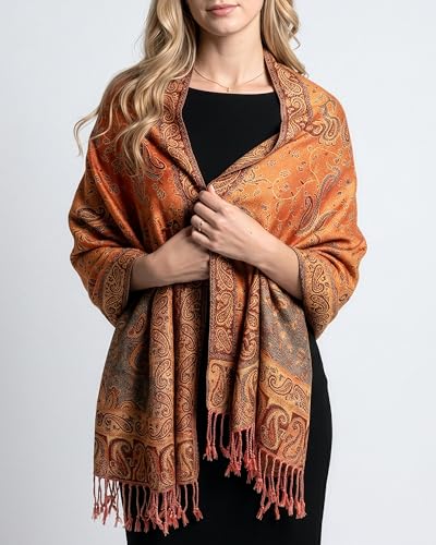 Achillea Reversible Paisley Pashmina Rave Scarf – Exotic Indian Shawls and Wraps for Evening Dresses, Festivals, All Seasons - color: Orange