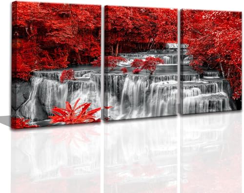 Yxbhhym Black White and Red Waterfall Canvas Wall Art Trees Forest Painting Landscape Artwork for Wall Picture Waterfall Prints for Bedroom Living Room Decor Bathroom Wall Art-Framed - color: Black White Red3, size: 12"x16"inches x 3 pcs