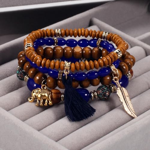 Caiyao 4Pcs Bohemia Multilayer Stackable Elephant Leaf Tassel Bracelets Colorful Wooden Resin Beaded Stretch Bracelets for Women Men Summer Beach Boho Vacation Hawaii Jewelry Gifts - style: StyleD