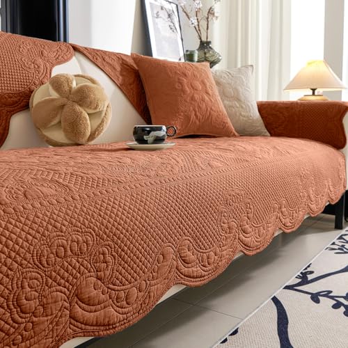 vctops Boho Cotton Quilted Couch Cover Soft Embroidered Sofa Cover Non-Slip Dog Bed Cover Scalloped Sofa Slipcover Washable Furniture Protector Cover (Orange,28"x28") - color: Orange, size: 1pc/28"x28"/Armrest or Backrest Cover