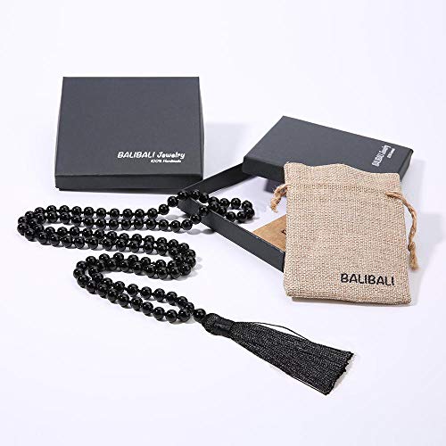 8MM Beads Chakra Long Mala Necklace Natural Stone Meditation Statement Necklace Japa Yoga Buddhist Rosary Prayer Charm Beaded Tassel Necklace - color: Black Agate