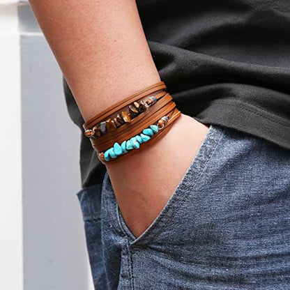 HZMAN Wrap Bracelets Men Women, Hemp Cords Wood Beads Ethnic Tribal Bracelets, Leather Wristbands - style: Turquoise Gravel
