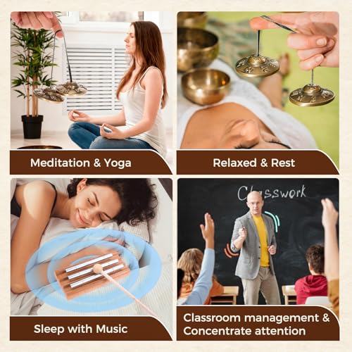 Meditation Instruments Set - Includes Tibetan Tingsha Cymbals, Three-Tone Chime Bell with Mallet, 2 Tibetan Drawstring Bags, Perfect for Classroom Management, Yoga, Prayer