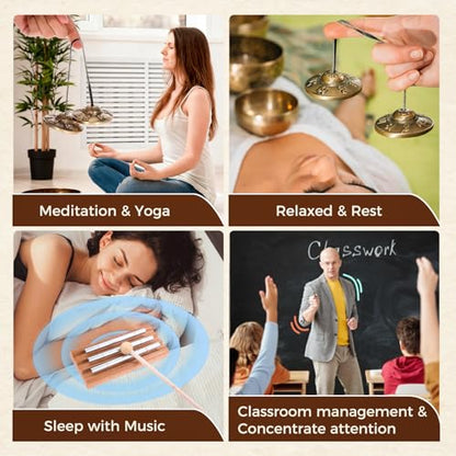 Meditation Instruments Set - Includes Tibetan Tingsha Cymbals, Three-Tone Chime Bell with Mallet, 2 Tibetan Drawstring Bags, Perfect for Classroom Management, Yoga, Prayer