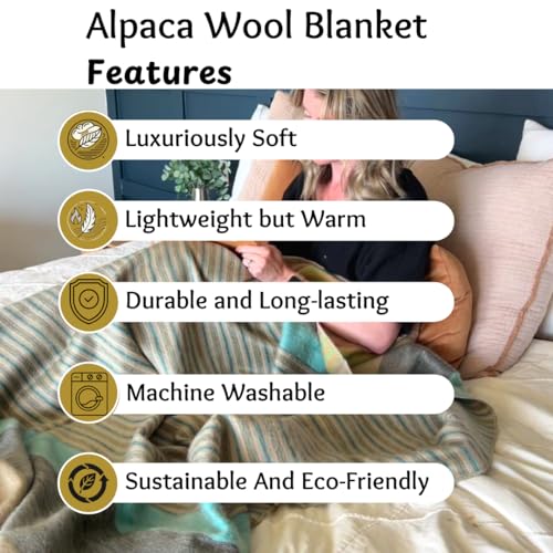 Alpaca Wool Throw Blanket | Super Soft, Lightweight, Breathable and Hypoallergenic | Non-Itchy or Scratchy (Green Gray Varicolored, Striped)