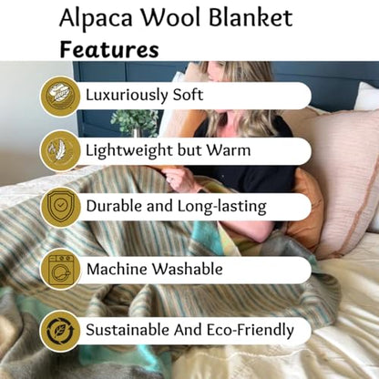 Alpaca Wool Throw Blanket | Super Soft, Lightweight, Breathable and Hypoallergenic | Non-Itchy or Scratchy (Green Gray Varicolored, Striped)