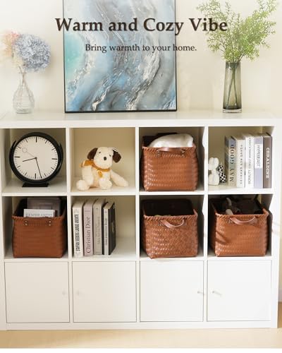 15x10x9 Woven Laundry Basket Hamper, Storage Basket for Clothes Blankets, 4-Pack Wicker Bin for Closet Shelves Bedroom Bathroom, Brown - size: 15x10.27x9.45 Inch